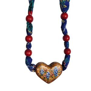 Blue Bonnet Wooden Heart Fabric Handmade Necklace Cottage Core Western Farm Life